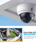 UltraHD 4K Outdoor PoE IP Dome Camera With 112 Degree View, 98ft Night Vision, shown mounted under eave
