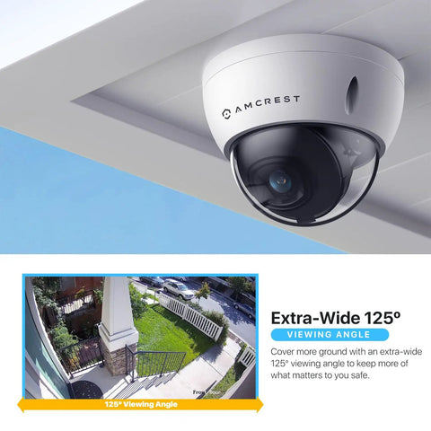 UltraHD 4K Outdoor PoE IP Dome Camera With 112 Degree View, 98ft Night Vision, shown mounted under eave