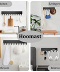 Four images showing Six Hook Wall Mount Key Organizer in kitchen, living room, bathroom, and bedroom settings.