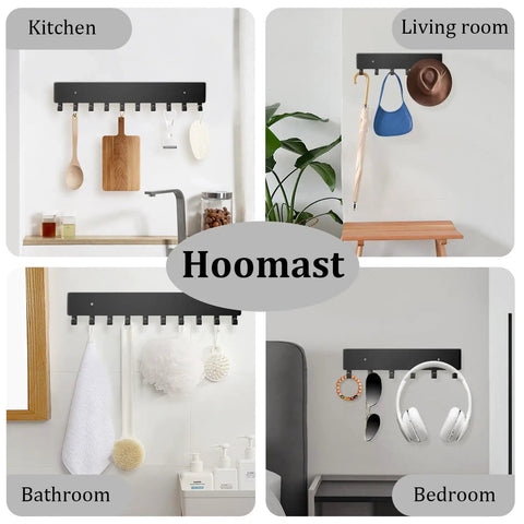 Four images showing Six Hook Wall Mount Key Organizer in kitchen, living room, bathroom, and bedroom settings.