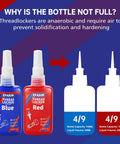 blue red threadlocker set demonstration of liquid fill level in two bottles for optimal use in locking nuts and bolts, preventing loosening and corrosion