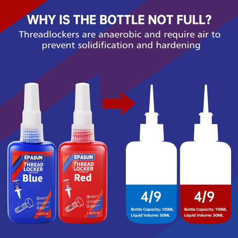 blue red threadlocker set demonstration of liquid fill level in two bottles for optimal use in locking nuts and bolts, preventing loosening and corrosion