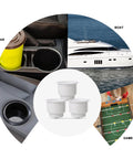 All Weather Boat Cup Holder Set With Drain Insert White Four Pack shown in car, boat, sofa, and game table settings.