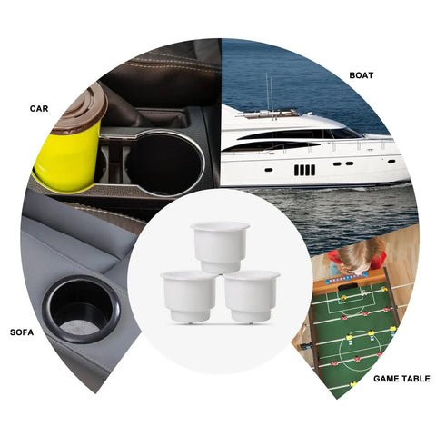 All Weather Boat Cup Holder Set With Drain Insert White Four Pack shown in car, boat, sofa, and game table settings.