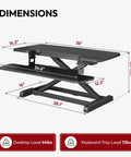 Sanodesk 35 Inch Electric Height Adjustable Standing Desk Converter Riser dimensions graphic with size specifications on black surface.