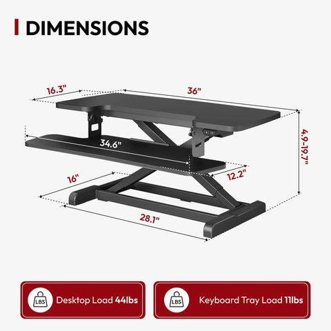 Sanodesk 35 Inch Electric Height Adjustable Standing Desk Converter Riser dimensions graphic with size specifications on black surface.