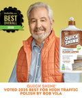 Straight Up Slick Hardwood Floor Polish In A Compact 27 Oz Bottle displayed next to a man in an orange vest, showcasing high gloss shine.