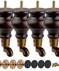 6 Inch Wooden Furniture Legs With Casters Wheels Pack Of 4 Classic Walnut Solid Wood Round Bun Feet for DIY projects.