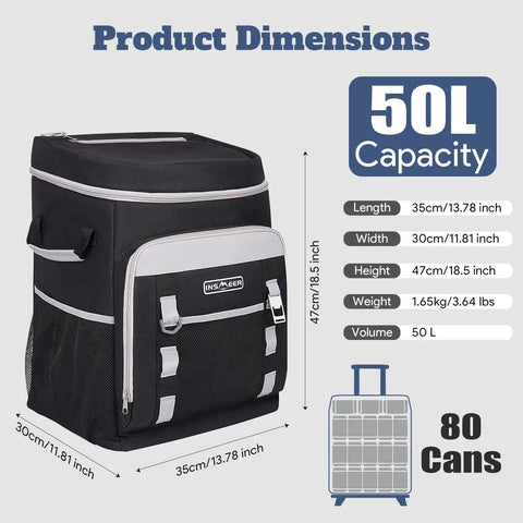 Rolling Cooler With Wheels And Handle 50L Insulated Cooler Bag Holds 80 Cans Portable with dimensions and capacity info.