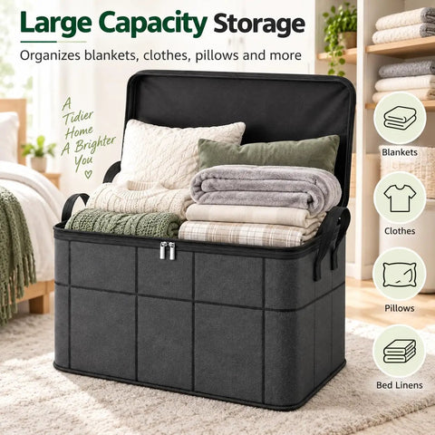 Heavy Duty Foldable Storage Bins With Tight Lids Super Spacious For Winter Throws And Pillows, filled with blankets and pillows.