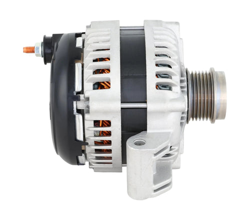 Side view of Premium 100 Percent New 180 Amp Alternator For Select Chrysler 300, Dodge Challenger, Charger, Durango, Jeep Grand Cherokee, And Ram 1500