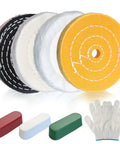 Snap These Heavy Duty Four Inch Buffing Wheels Onto Your Bench Grinder To Whip Out An Insane Mirror Shine Fast With Three Colored Compounds For Tough Scrubbing Through To Ultra Smooth Finishing Done Right. Set of 4 buffing wheels with polishing bars and gloves.