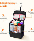Quick Dry Mesh Shower Caddy For Dorms, Gym, Travel And Camping with open compartments showing toiletries, black color.