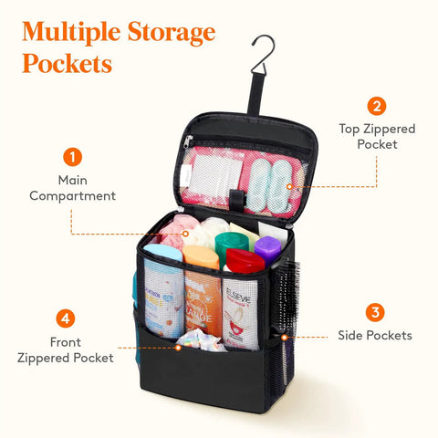 Quick Dry Mesh Shower Caddy For Dorms, Gym, Travel And Camping with open compartments showing toiletries, black color.