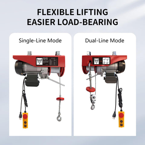 Heavy Duty 440 Lb Electric Hoist With 110V Winch And 14Ft Wired Remote Control in single and dual-line modes