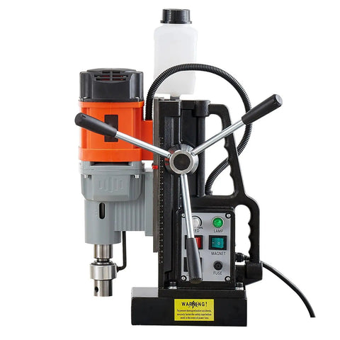 Heavy Duty 1550W Mag Drill Press Featuring Magnetic Base That Grips Like Crazy, side view showing motor and controls.