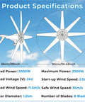 Specifications of 2000W Wind Turbine Generator Kit for 24V Home, RV, and Boat Use with 8 blades and rotor dimensions.