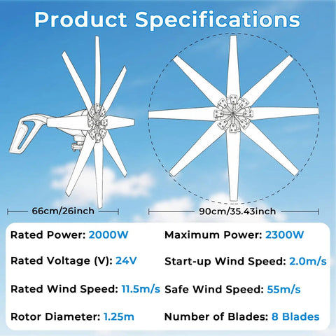 Specifications of 2000W Wind Turbine Generator Kit for 24V Home, RV, and Boat Use with 8 blades and rotor dimensions.