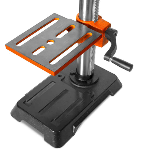 Close-up of 10 Inch Benchtop Drill Press with Laser Guide and LED Work Light, showing cast iron base and adjustable work table.