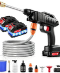 Cordless Portable Handheld Power Washer With Copper Motor Pushes Killer Water Pressure And Eliminates Extension Cords For Rapid Car Washing Fences Or Outdoor Cleaning Tasks, featuring dual 21V battery packs, and hose.
