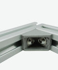 Close-up of Heavy Duty 200mm T Slot Aluminum Profile for DIY Builds, corner connection with 20x20mm silver extrusion, 6mm slot cut.