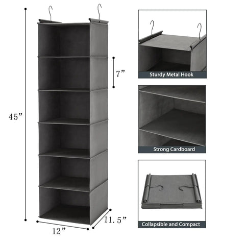 Heavy Duty Six Tier Hanging Closet Organizer With Two Rock Solid Hooks And Wide Grey Fabric Shelves Making It A Reliable Room Saver For Tight Bedroom And Dorm Storage