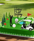 Straight Fire Golf Theme Cake Topper Set For Birthday Parties Featuring Mini Cart Clubs Ball Green Tree And Red Flag Cupcake Toppers To Knock It Out Of The Park At Your Dessert Table Bash with birthday decor on cake.
