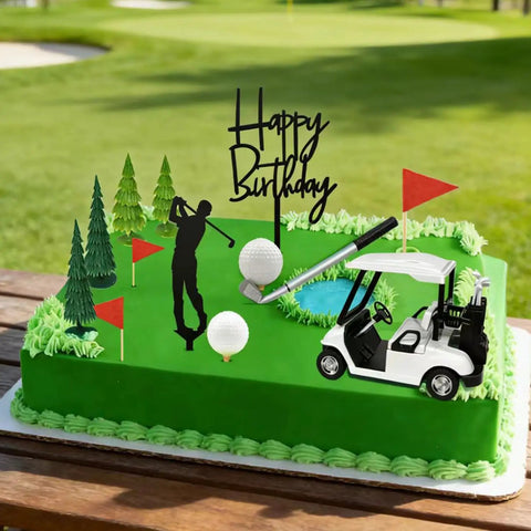 Straight Fire Golf Theme Cake Topper Set For Birthday Parties Featuring Mini Cart Clubs Ball Green Tree And Red Flag Cupcake Toppers To Knock It Out Of The Park At Your Dessert Table Bash with birthday decor on cake.