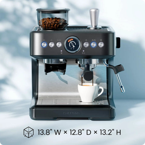 Next Level Semiautomatic Espresso Machine With Dual Boiler Built In Grinder And Precision Steam Wand For Killer Daily Grind Smooth Home Vibe Simultaneous Milk Frothing And Fast Shot Extraction with coffee beans and a cup.