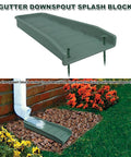 No Fuss Heavy Duty Downspout Splash Blocks To Keep Your Foundation Squeaky Clean And Divert Yard Water Fast Thick Polyethylene Rain Gutter Extensions With Heavy Gauge Ground Spikes For Reliable Drainage Super Tough Green Two Pack positioned under a downspout for effective water diversion.