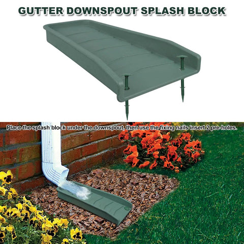 No Fuss Heavy Duty Downspout Splash Blocks To Keep Your Foundation Squeaky Clean And Divert Yard Water Fast Thick Polyethylene Rain Gutter Extensions With Heavy Gauge Ground Spikes For Reliable Drainage Super Tough Green Two Pack positioned under a downspout for effective water diversion.