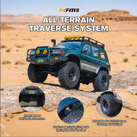 Toyota Licensed LC80 One Tenth Scale Brushless RC Crawler with 4x4 real off-road power on desert terrain, HDR wheels visible.