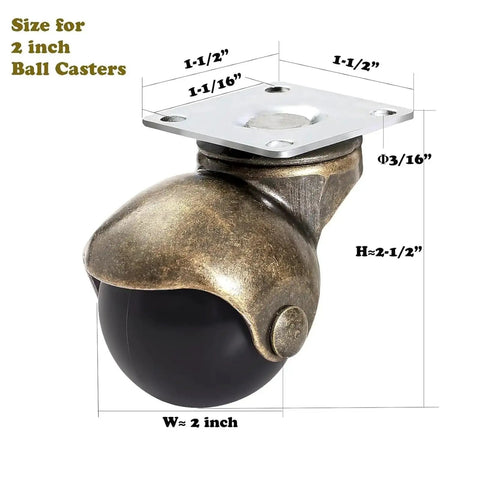 2 Inch Vintage Brass Swivel Caster Wheels Equipped With Reliable Roll Lock Brakes Set Of Four, close-up showing dimensions.
