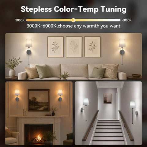 Battery Operated Wall Sconce Set of 2, RF Remote, Grey and Grey Shade in various settings showcasing color temp tuning.