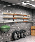 Heavy Duty 3 Level Wall Mounted Lumber Storage Rack Metal Wood Organizer For Garage Workshop And Shed Space Saving Durable Steel Shelving Ideal For Long Boards And Lumber 4 Pack installed on brick wall