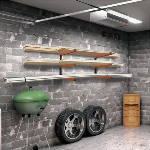 Heavy Duty 3 Level Wall Mounted Lumber Storage Rack Metal Wood Organizer For Garage Workshop And Shed Space Saving Durable Steel Shelving Ideal For Long Boards And Lumber 4 Pack installed on brick wall