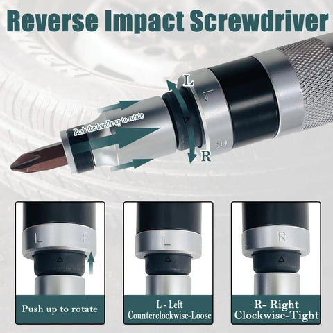 Go-To Half Inch Drive Manual Impact Driver Set With Reversible Handheld Impact Screwdriver showing rotation directions