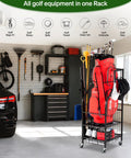 Three Tier Golf Bag Storage Rack for Garage Keeps One Bag Plus Extra Clubs Shoes Balls Towels and Accessories Pro Style Gear Organizer displayed in a garage.