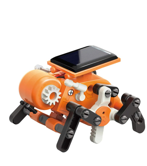 Eight In One Solar Robot Kit For STEM Fans Super Easy To Build Eight Solar Powered Robots In Minutes No Batteries Needed Solar Panel Included Learn Solar Energy And Tech With A Drummer Bot Racer Bot Tank Bot Armadillo Bot Dino Bot And More orange solar robot with legs and panel