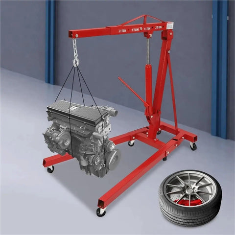 Heavy Duty Garage Workhorse: 2 Ton Hydraulic Engine Hoist, red steel frame lifting car engine, adjustable range with wheels.