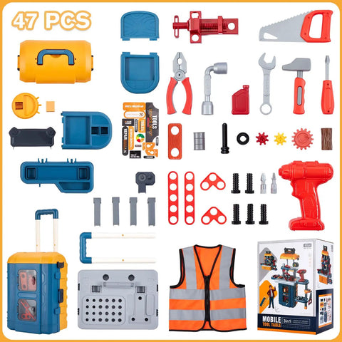 47 pieces of 3 In 1 Kids Tool Workbench Set With Battery Drill, Convertible Toddler Tool Bench For Pretend Play, Ideal For Ages 3 To 8
