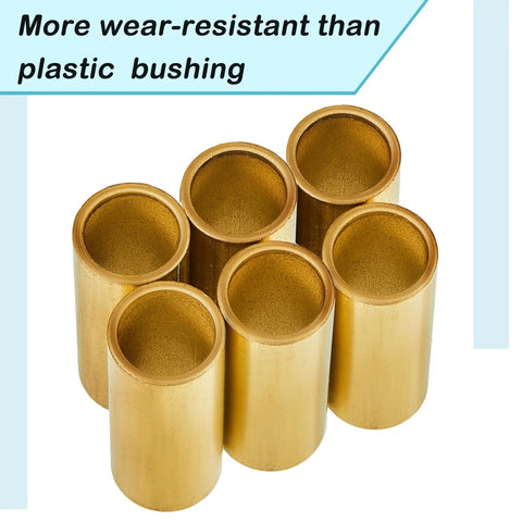 Six brass trailer leaf spring bushings, hollow cylindrical sleeves for double-eye springs.