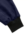 Close-up of the cuff of Mens Heavy Duty Mechanic Lab Coat With Reflective Safety Strips Breathable Navy Workshop Uniform.