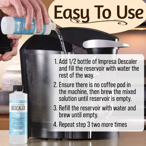 Person using Top Notch Coffee Machine Descaler For Keurig And Most Single Serve Espresso Makers 6 Pack 12 Uses Made In The USA.
