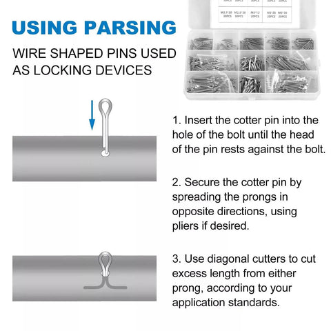 Instructions for using 420 Piece 304 Stainless Steel Cotter Pin Clip Set With Hairpin Design, displayed with storage box