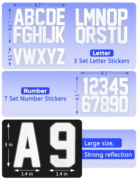 Reflective Mailbox Numbers And Letters Stickers Decals, 148-piece vinyl kit with 7 sheets 0-9, 3 sheets A-Z, 3-inch size.