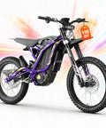 Heavy Duty 16000 Watt Electric Dirt Bike For Adults with purple frame and off road tires on white background.