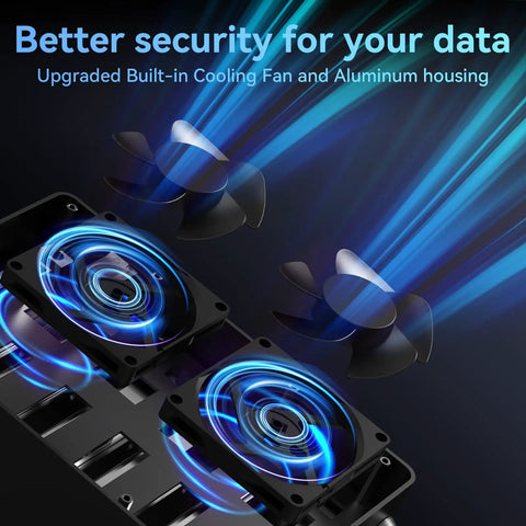 Smooth Operator Six Bay Aluminum Hard Drive Enclosure With Smart Cooling Fan USB 3.2 Gen 2 Type A C showing dual cooling fans in action.
