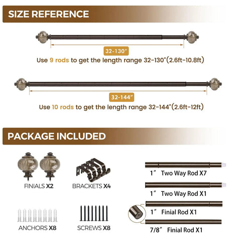 One Inch Curtain Rods With Bronze Finish For Windows Adjustable From 72 To 144 Inches, size guide and package contents shown