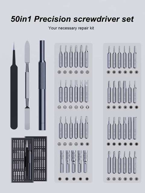 50 In 1 Precision Screwdriver Set For Electronics Magnetic Mini Repair Kit displayed with bits and tools